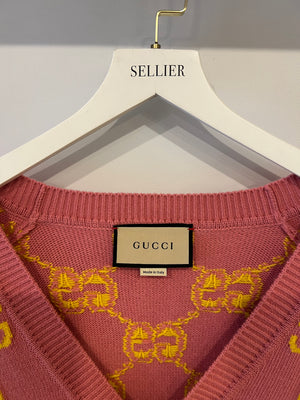 Gucci Pink and Yellow Wool GG Monogram Cardigan with Mother of Pearl Buttons Size XL (UK 12/14) RRP £1,300