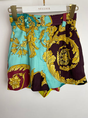 Versace Yellow, Black, Brown Medusa Pattern Bustier and Shorts Set with Lace & Gold Button Details Size IT 36/40 (UK 4/8)