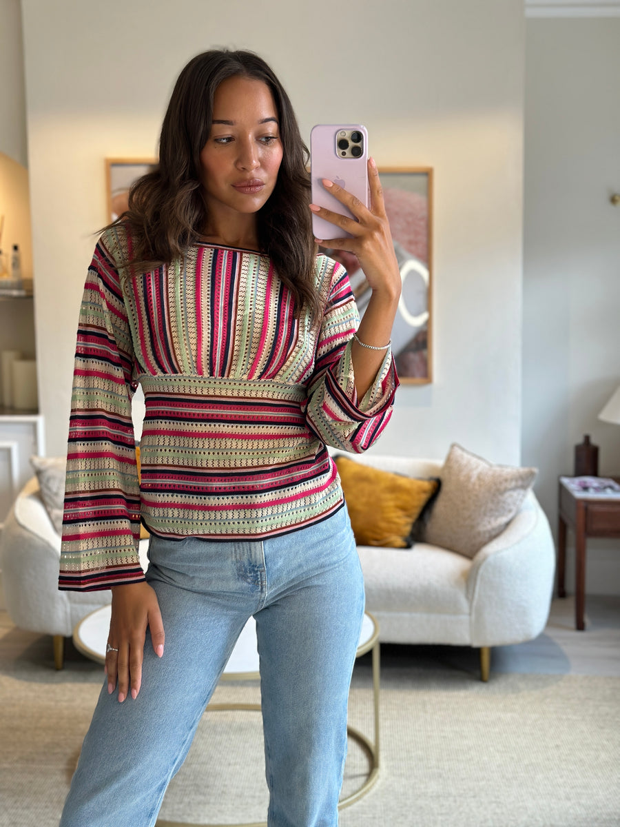 Missoni Pink Crochet Striped Long Sleeve Top IT 44 (UK 12)