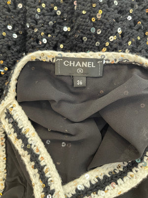 Chanel SS/23 Black Sequin Embellished Mini Dress with Bow and CC Crystal Buttons Details Size FR 36 (UK 8)
