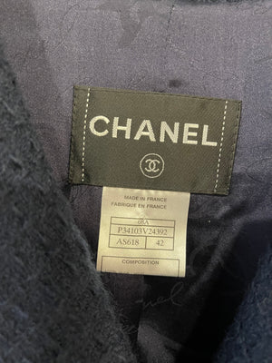 Chanel 08A Navy Tweed Jacket and Midi Skirt Set with Silver CC Logo Details Size FR 42 (UK 14)