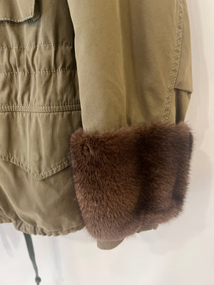 Gucci Khaki Jacket with Brown Mink Fur Trim and Shearling Lining with Logo Print Size IT 38 (UK 6)