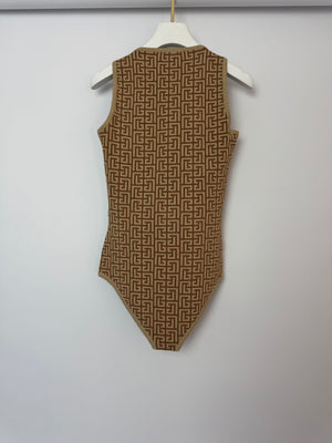 Balmain Gold Metallic Logo Print Bodysuit Size FR 36 (UK 8)