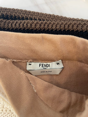 Fendi Cream Crochet Midi Skirt with Black and Brown Trim Detail Size IT 42 (UK 10)