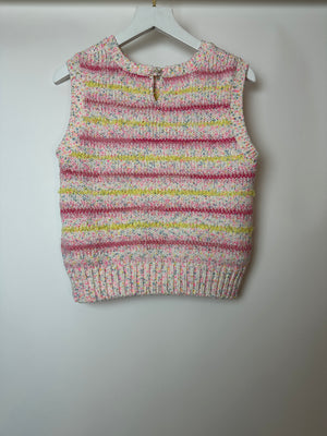Chanel 24C Resort Pastel Pink & Yellow Sleeveless Knit Jumper and Shorts Set with Cupid Heart "Coco" Detail Top Size FR 34 (UK 6)