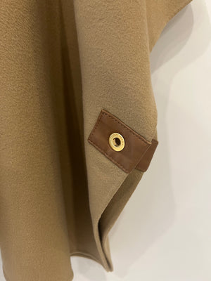 Loro Piana Beige Cashmere Cape With Brown Leather Trim and Gold Buttons One Size