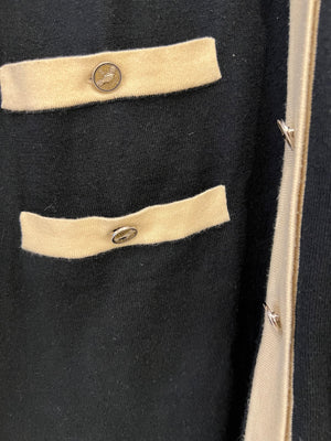 Chanel Black Cashmere Long Cardigan with Cream Trim Detail, Gold Glitter and Silver CC Buttons Size FR 38 (UK 10)