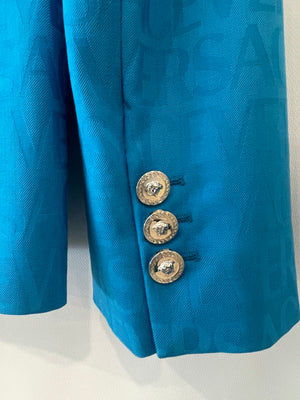 Versace Blue Blazer Jacket with Logo Prints and Silver Medusa Buttons Size IT 36 (UK 4)