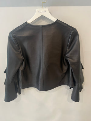 Alexander McQueen Black Leather Cropped Jacket with Ruffled Sleeves Size IT 40 (UK 8)