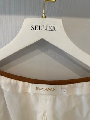 Zimmermann White Linen Crop Top with Ruffled Sleeves and Brown Trims with Bow Detail Size 2 (UK 12)