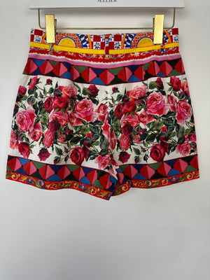 Dolce & Gabbana Red Rose Mambo Print Floral High-Waist Cotton Shorts Size IT 40 (UK 8)
