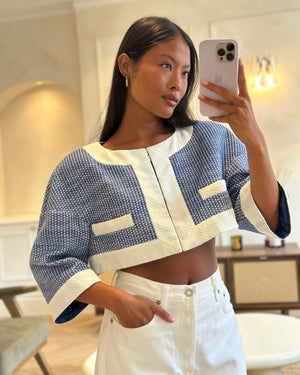 Chanel Blue and White Mid-Sleeve Cropped Jacket with Zip and Pockets Size FR 38 (UK 10)