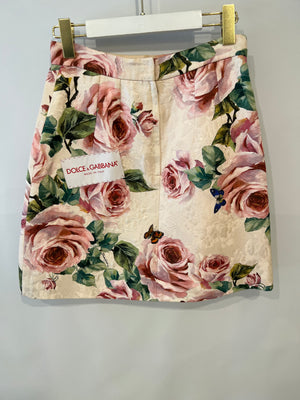 Dolce & Gabbana Pink Floral Mini Skirt with Large Button Details and Back Logo Size IT 40 (UK 8) RRP £800