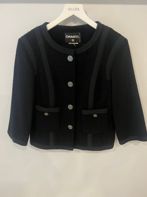 Chanel Black Vintage Tweed Jacket with Ribbed Fabric Trim Details and Silver CC Logo Star Buttons Size FR 38 (UK 10)
