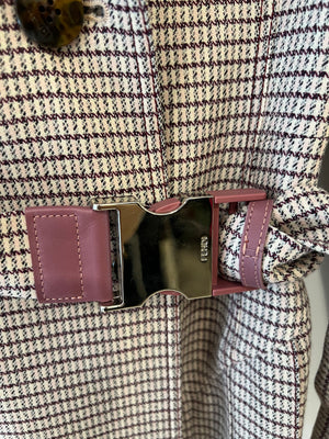 Fendi Red and Pink Micro Houndstooth Belted Jacket with Brown Tortoise Shell Logo Buttons Size IT 38 (UK 6)