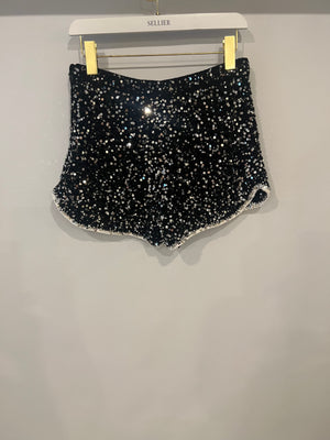 Chanel Spring 2023 Black Sequin Embellished Crocheted Shorts with Silver Crystal Embellished Bow Detail Size FR 38 (UK 10)