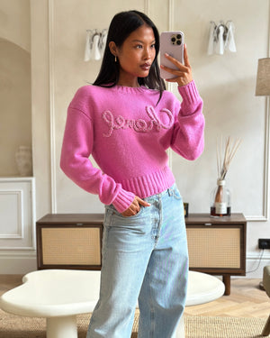 Chanel 20/B Pink Cashmere Jumper with Pearl Logo Detail Size FR 36 (UK 8)