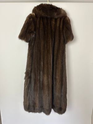 Brown Sable Real Fur Long Coat with Half Sleeve Detail Size UK 10-12