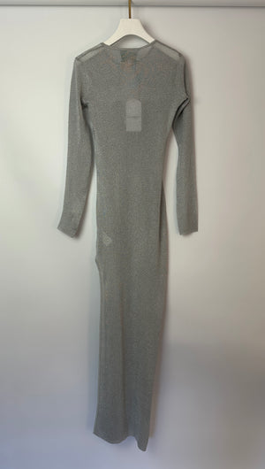 Casablanca Silver Metallic Sheer Long Sleeve Maxi Dress with Split and Gold Logo Detail Size S (UK 8)RRP 675£
