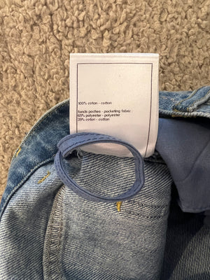 Chanel Métiers d'Art 2023 Denim Patchwork Jeans with Pink, Silver and Black Micro Sequin Details and Silver CC Logo Button Size FR 34 UK 6