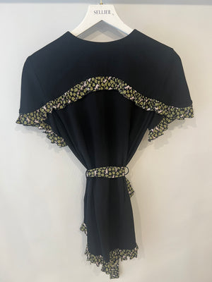 Ulyana Sergeenko Black Silk Belted Playsuit with Green Flower and Goat Print Trim Detail Size FR 36 (UK 8)
