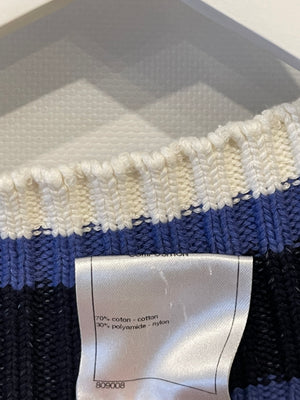 Chanel White, Black and Navy V Neck Knit Jumper with CC Button Details Size FR 40 (UK 12)