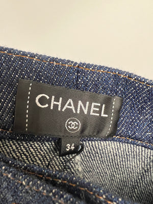 Chanel Dark Indigo Denim Midi Skirt Multi-Colour Gabrielle Coco Print Size FR 34 (UK 6)