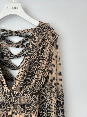 Zimmermann Brown Long Sleeve Leopard Print Cut-Out Ruched Midi Dress Size 0 (UK 8)
