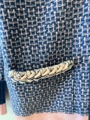 Chanel Blue and Pink Cashmere Knitted Cardigan with Braided Trim Detail Size FR 36 (UK 8)