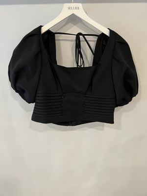 Self Portrait Black Ottoman Square Neck Cropped Top with Puff Sleeves and Open Back Detail Size UK 14 RRP £215