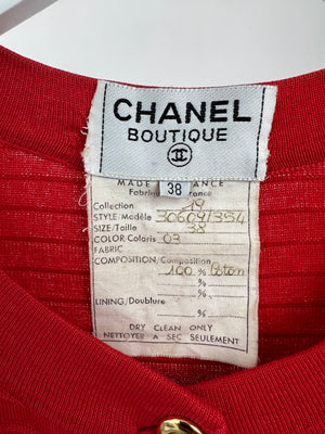 Chanel Vintage Red Ribbed Knit Long-Sleeve Cardigan with Gold CC Logo Buttons FR 38 (UK 10)