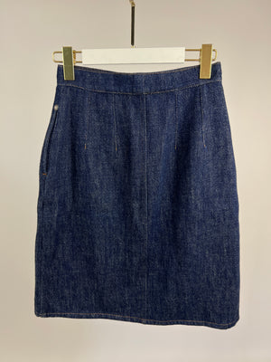 Chanel Dark Indigo Denim Midi Skirt Multi-Colour Gabrielle Coco Print Size FR 34 (UK 6)