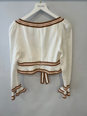Zimmermann White Linen Crop Top with Ruffled Sleeves and Brown Trims with Bow Detail Size 2 (UK 12)