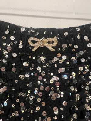 Chanel Spring 2023 Black Sequin Embellished Crocheted Shorts with Silver Crystal Embellished Bow Detail Size FR 38 (UK 10)