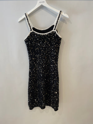 Chanel SS/23 Black Sequin Embellished Mini Dress with Bow and CC Crystal Buttons Details Size FR 36 (UK 8)