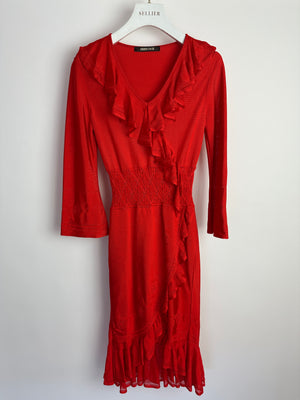 Roberto Cavalli Red Long Sleeve Ruched Midi Dress Size IT 38 (UK 6)