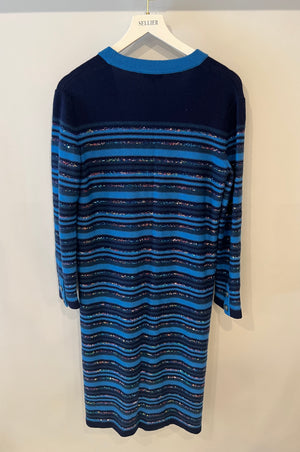 Chanel 20C Blue and Navy Cashmere Striped Long Cardigan with Multicolour Sequins Detail and Silver Camelia CC Buttons Size FR 36 (UK 8)