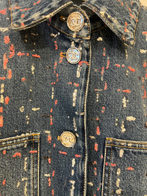 Chanel Métiers d'Art 2023 Denim Jacket with Pink and Silver Micro Sequin Details and Silver CC Logo Buttons Size FR 36 (UK 8)