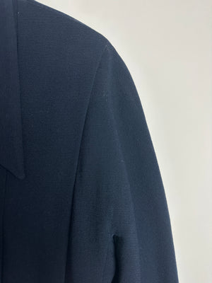 Chanel Vintage Navy Double Breasted Wool Blazer Jacket and Skirt Set with Gold CC Logo Button Detail FR 38 (UK 10)