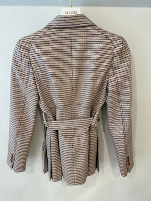 Fendi Red and Pink Micro Houndstooth Belted Jacket with Brown Tortoise Shell Logo Buttons Size IT 38 (UK 6)