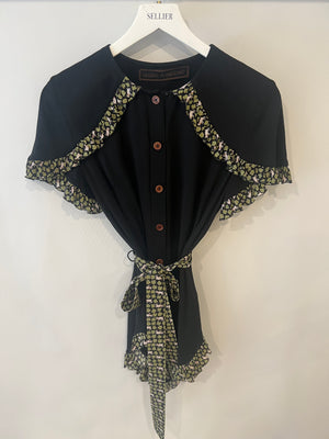 Ulyana Sergeenko Black Silk Belted Playsuit with Green Flower and Goat Print Trim Detail Size FR 36 (UK 8)