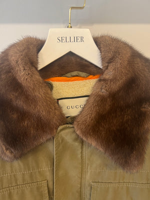Gucci Khaki Jacket with Brown Mink Fur Trim and Shearling Lining with Logo Print Size IT 38 (UK 6)
