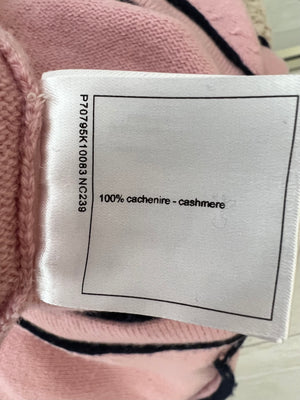 Chanel Spring 2021 Pink Cashmere Long Belted Cardigan with Navy Trim Details and Gold Number 5 Buttons Size FR 38 (UK 10)