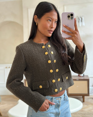Celine Khaki Green Cropped Jacket with Gold Crest Button Details Size FR 34 (UK 6)