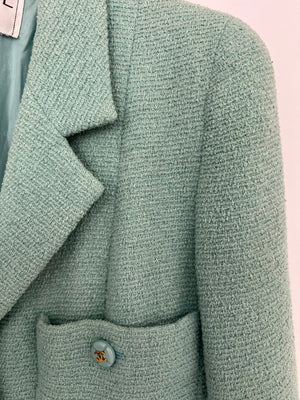 Chanel Tiffany Blue Tweed Jacket with Blue and Gold CC Button Details Size FR 40 (UK 12)