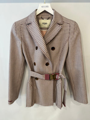 Fendi Red and Pink Micro Houndstooth Belted Jacket with Brown Tortoise Shell Logo Buttons Size IT 38 (UK 6)
