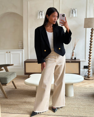 Celine Black Double Breasted Cropped Wool Jacket with Gold Triomphe Logo Button Detail Size FR 34 (UK 6)