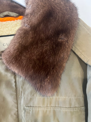 Gucci Khaki Jacket with Brown Mink Fur Trim and Shearling Lining with Logo Print Size IT 38 (UK 6)