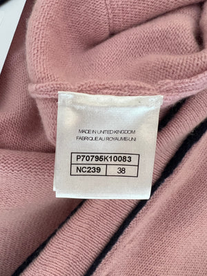 Chanel Spring 2021 Pink Cashmere Long Belted Cardigan with Navy Trim Details and Gold Number 5 Buttons Size FR 38 (UK 10)