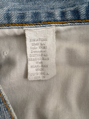 Jonathan Simkhai Blue Light Wash High-Waisted Straight Jeans with Distressed Detail and Pearl Embellishment Size 29 (UK 12)